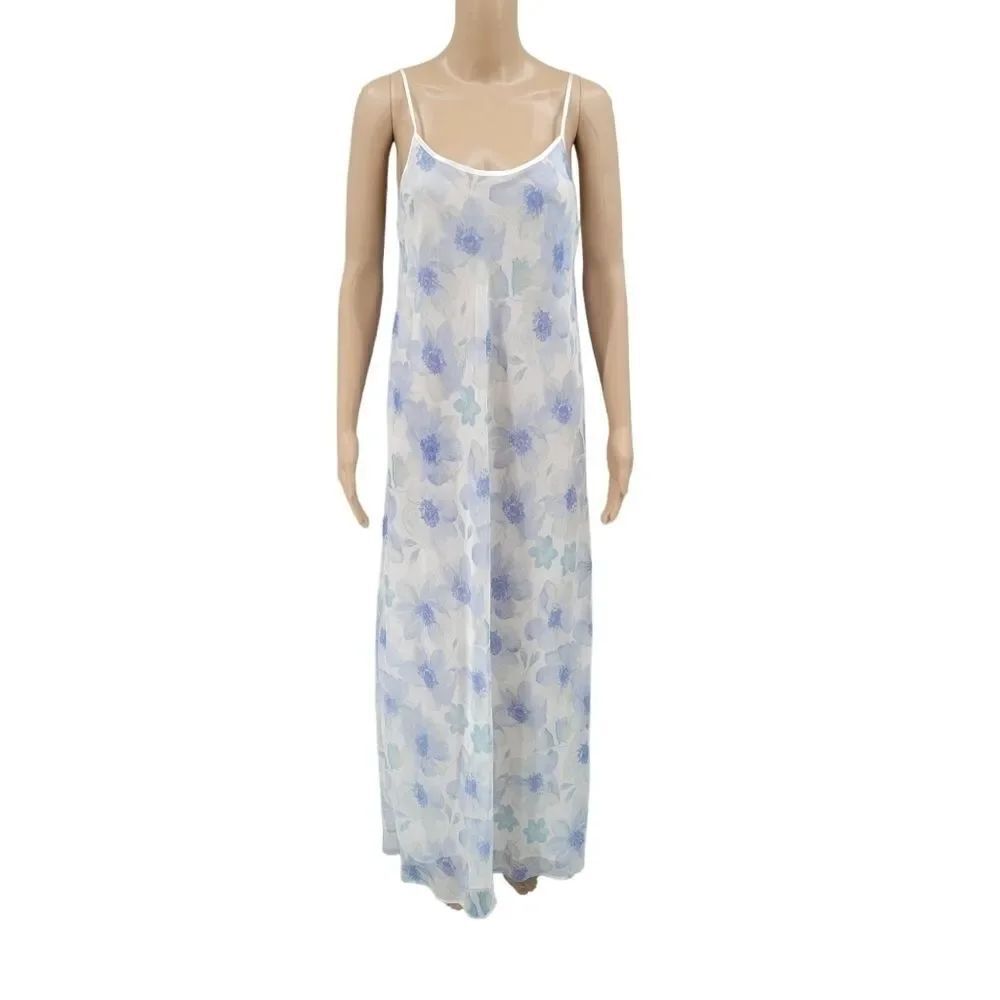 Valerie Stevens 90s or Y2K Vintage Maxi Length Slip Dress Blue Floral Chiffon